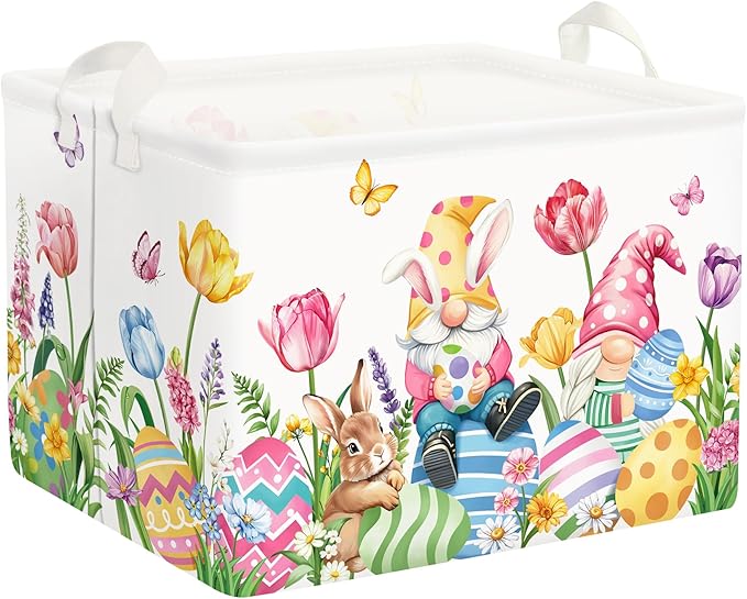 Large Egg Rabbit Easter Basket Stuffers Butterfly Tulips Baby Gift Basket Empty Toy Nursery Bin Collapsible Spring Flower Clothes Storage Organizer for Bedroom,Gnome,40x30x30 cm