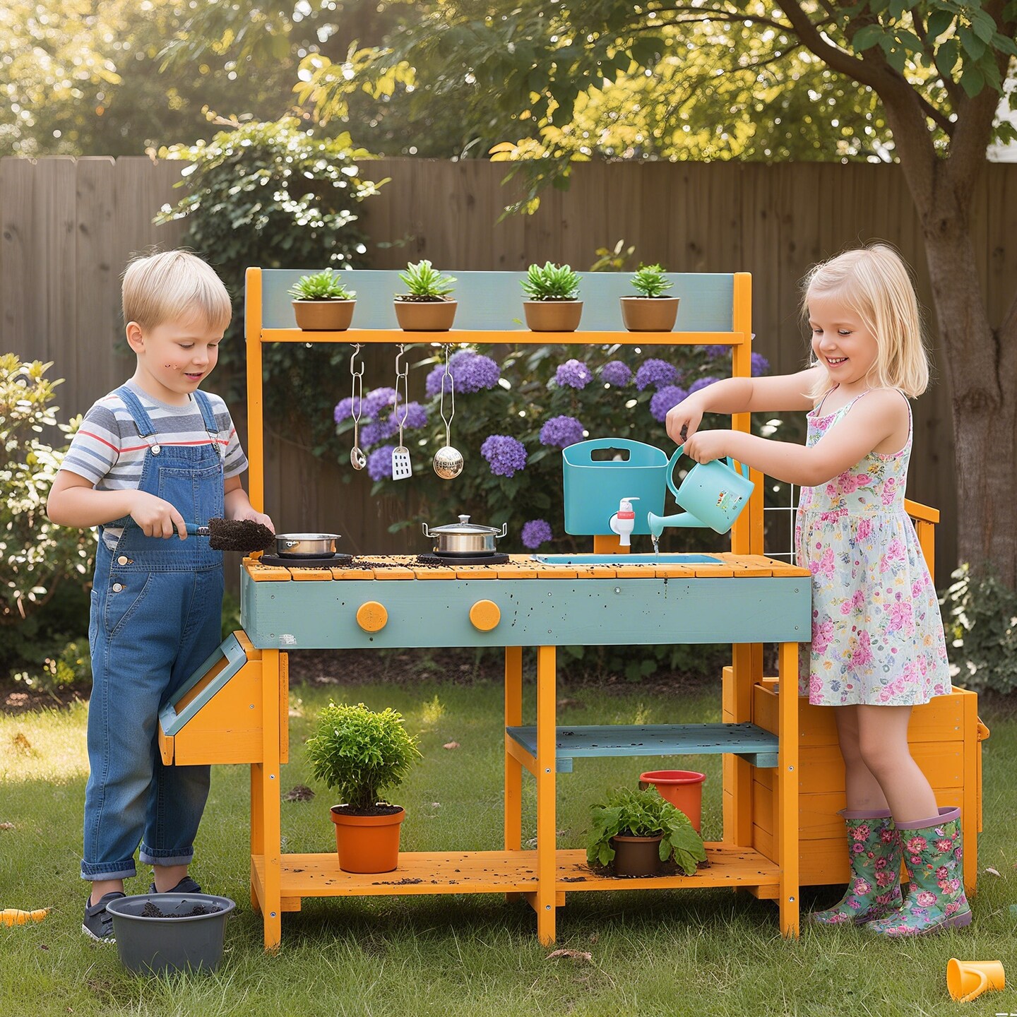 Fir Wood Kids Mud Kitchen Outdoor Playset Cooking Accessories Planter Box
