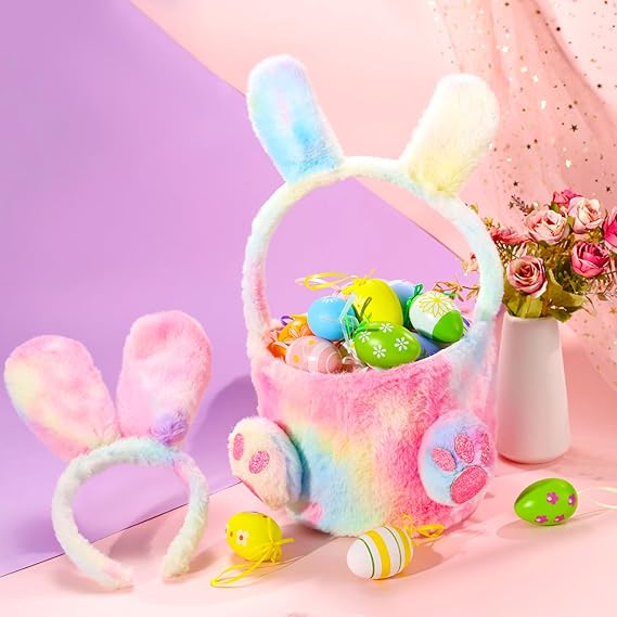 Bunny Ears and Tail for kids,Bunny Headbands with Pink Bunny Gloves/Bakset and Bunny Costume for Girls