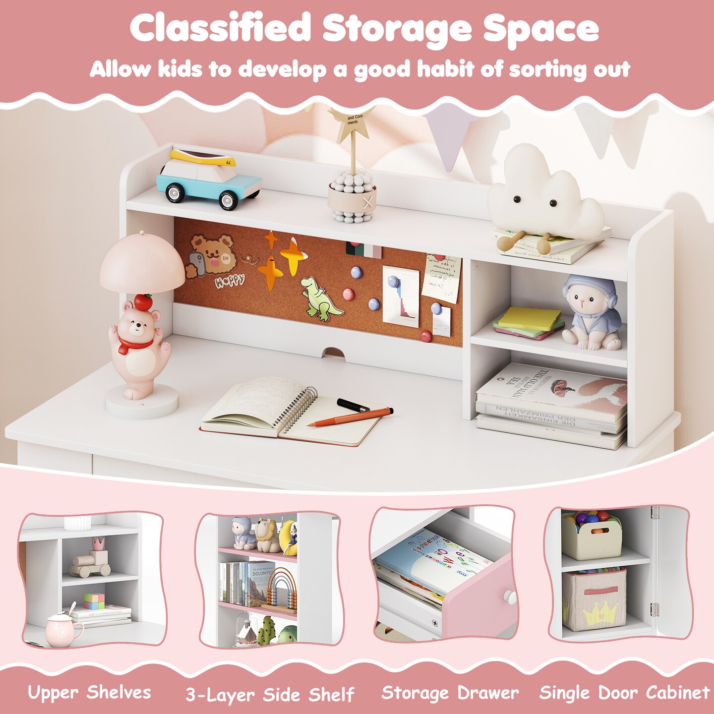 White Kids Desk And Chair Set With Storage Shelves Drawer MDF Pine Wood 41.5 Inch