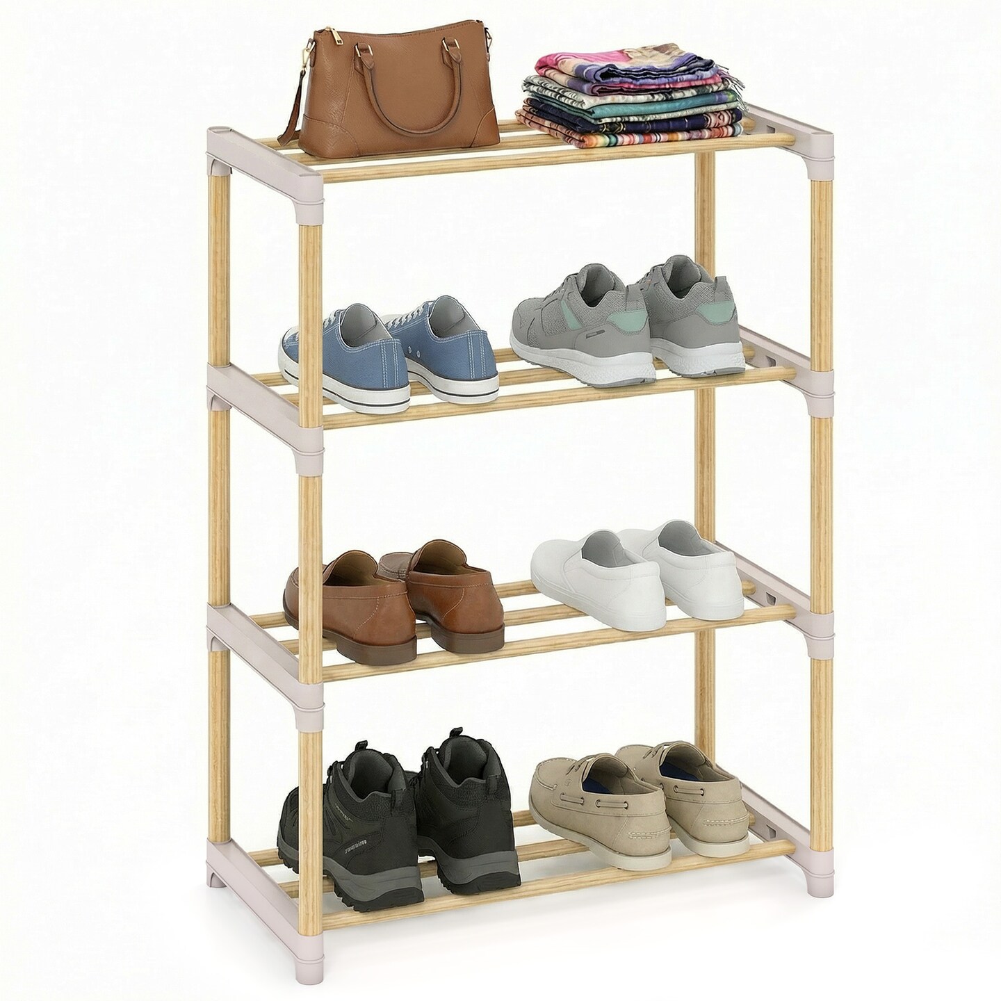 Natural Grey 4-Tier Shoe Rack Pine Wood Stackable Storage Organizer