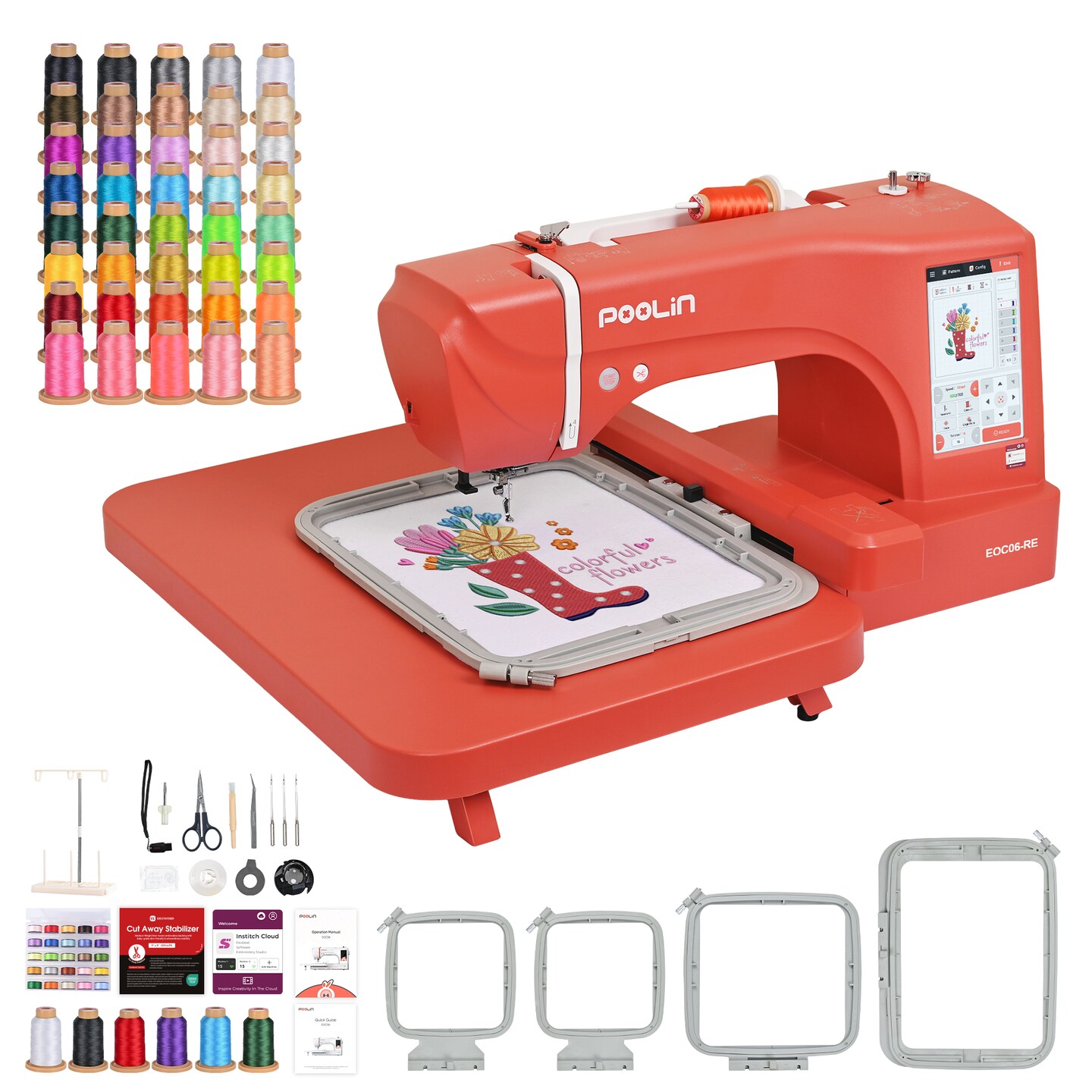 Official Poolin EOC06-RE Computerized Embroidery Machine Bundle with 40 Colors Embroidery Thread – 7.9x11" Large Embroidery Area, 7" LCD Touch Screen, WiFi, Online Digitizing Software, Starter Kit for Home, Business, DIY & Gift