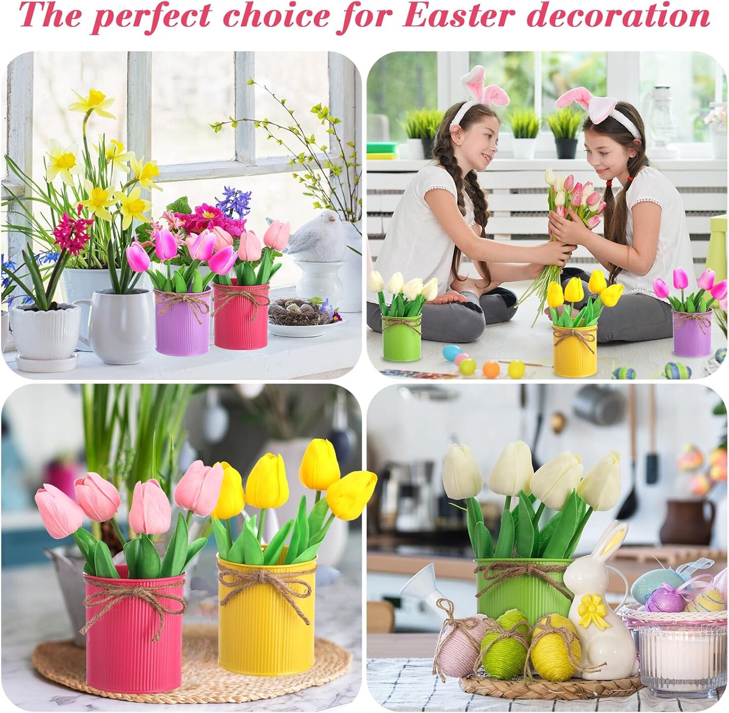 12-Pack Artificial Tulips in Metal Pots – Multicolor Faux Flowers for Spring, Easter, Wedding, Home & Office Decor