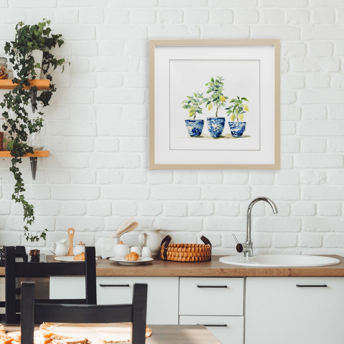 Stupell Industries Lemons In Blue Pots Framed Print Under Glass, design by Svetlana Aleynikova
