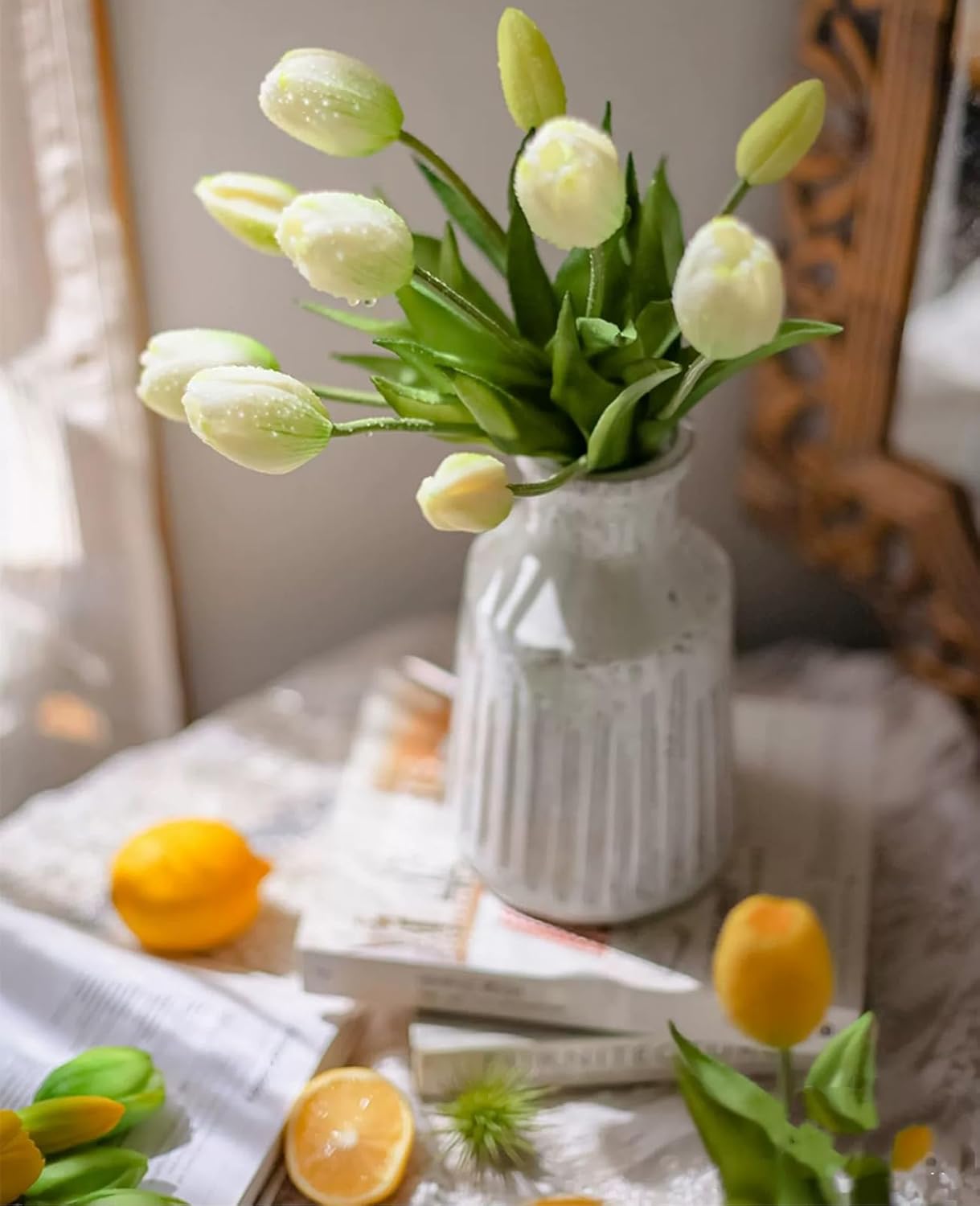 15 Pcs White Real Touch Artificial Tulips – Premium Latex Faux Flower Bouquet for Spring Wedding & Home Centerpiece Decor