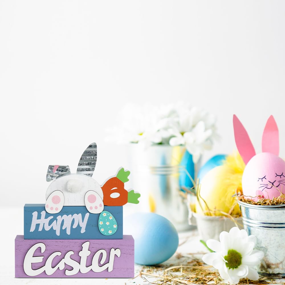 Easter Decorations, 3-Layered Easter Bunny with Carrots Farmhouse Wood Block Easter Decor, Happy Easter Sign Easter Egg Design Easter Decorations Indoor for Home, Living Room, Tables, Mantel