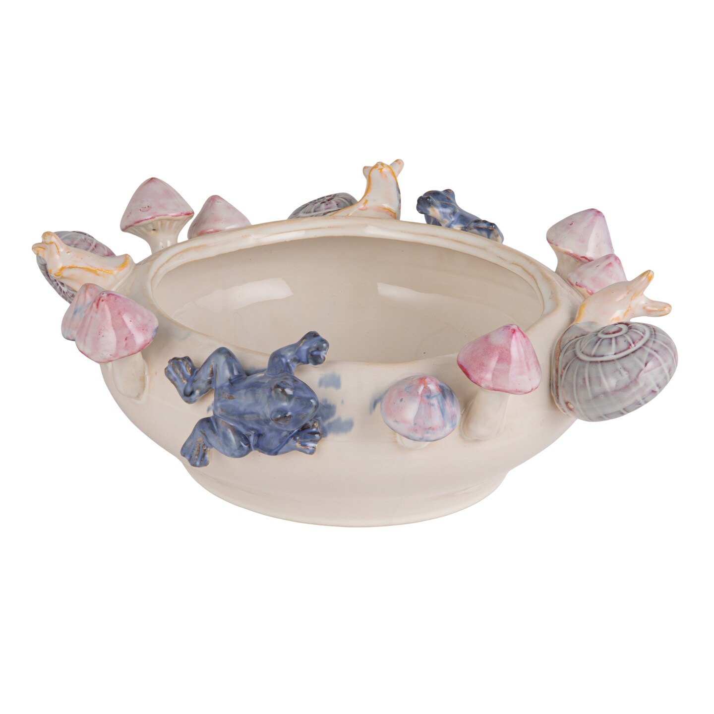 Hello Honey Stoneware Planter with 3D Snails, Mushrooms, and Frogs in Reactive Glaze