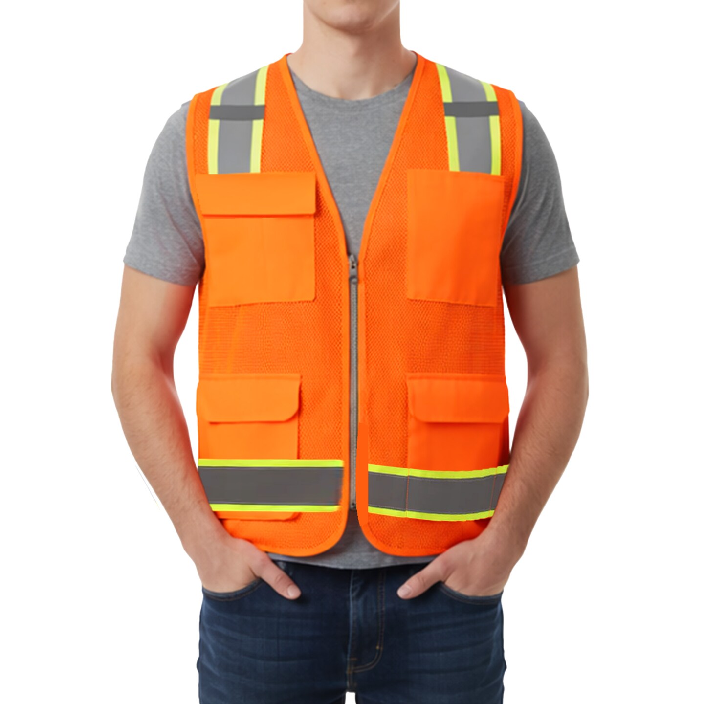 Zfeel Hi-Vis Reflective Safety Vest – Mesh, Multi-Pocket, Zip Front, Neon Orange/Yellow ZF304