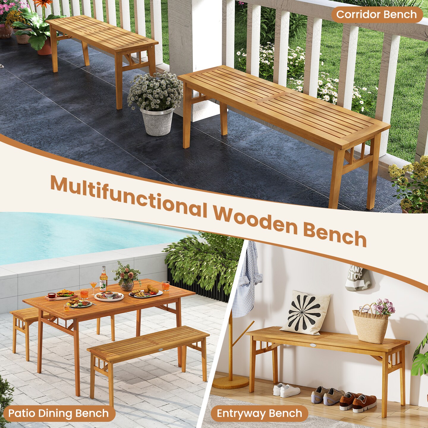 Acacia Wood Patio Picnic Table Set With 2 Benches Umbrella Hole Natural