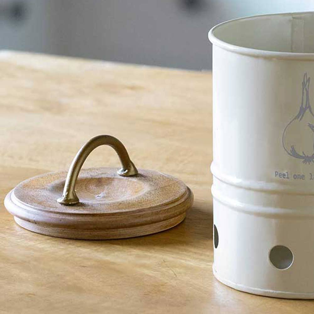 Metal Onion Storage Bin with Wooden Lid - Stylish and Durable Kitchen Storage Solution-5.5X5.5X8.9&#x22;