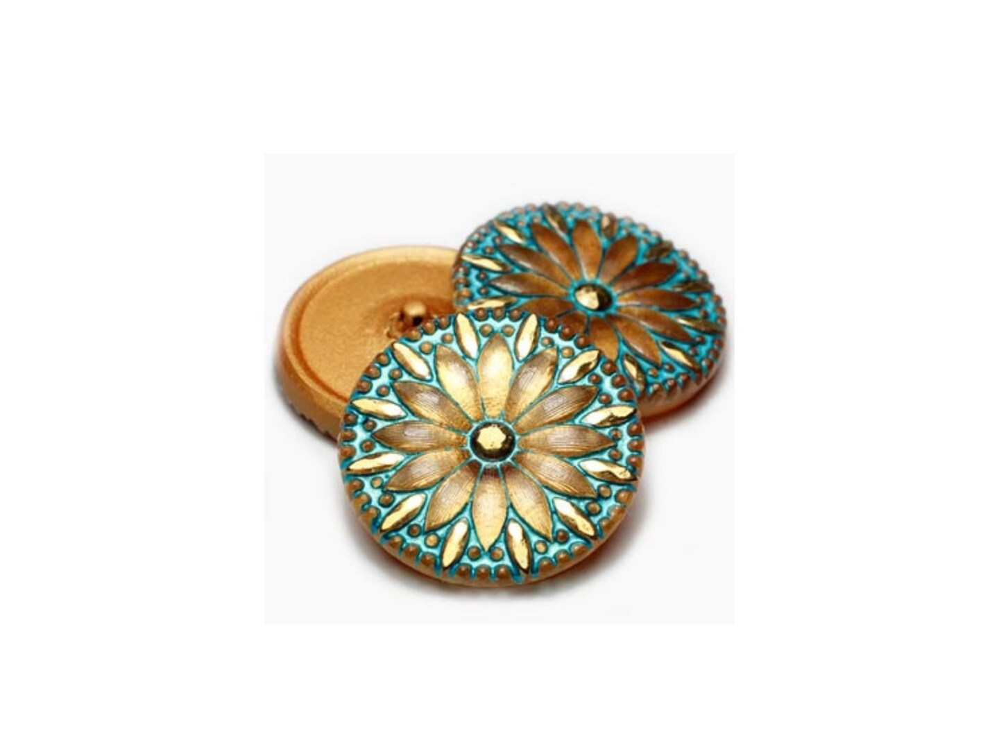 31mm Flower Button Gold with a Turquoise Wash and Gold Accents - Czech Glass Buttons