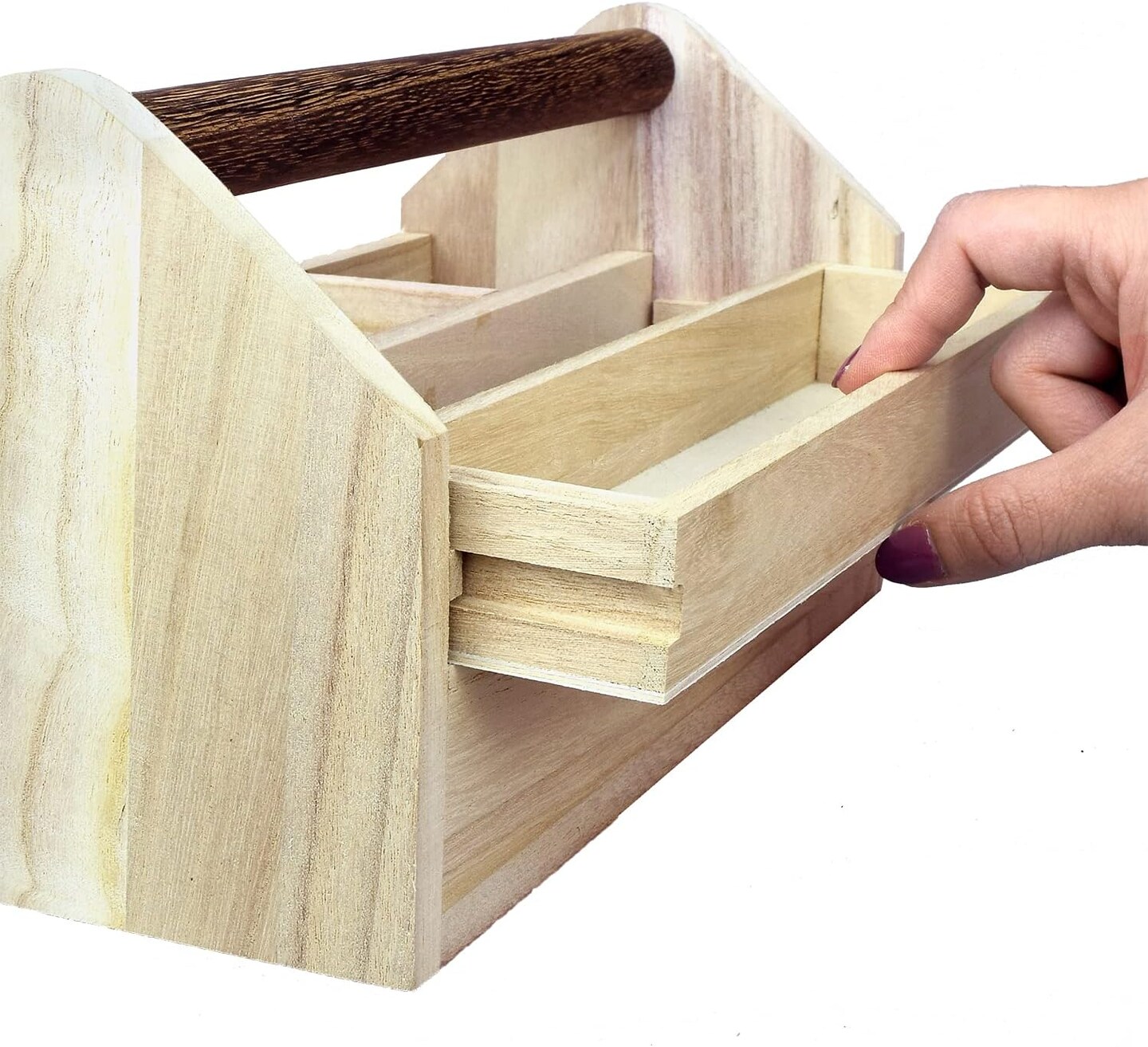 Small Natural Wood Color Wooden Craft Tool Box Caddy with a Handle for Storage Tool, Makeup, Collections with 5 Compartments for Storage and Organizing, 10 W x 5.1 D x 3.5 H in