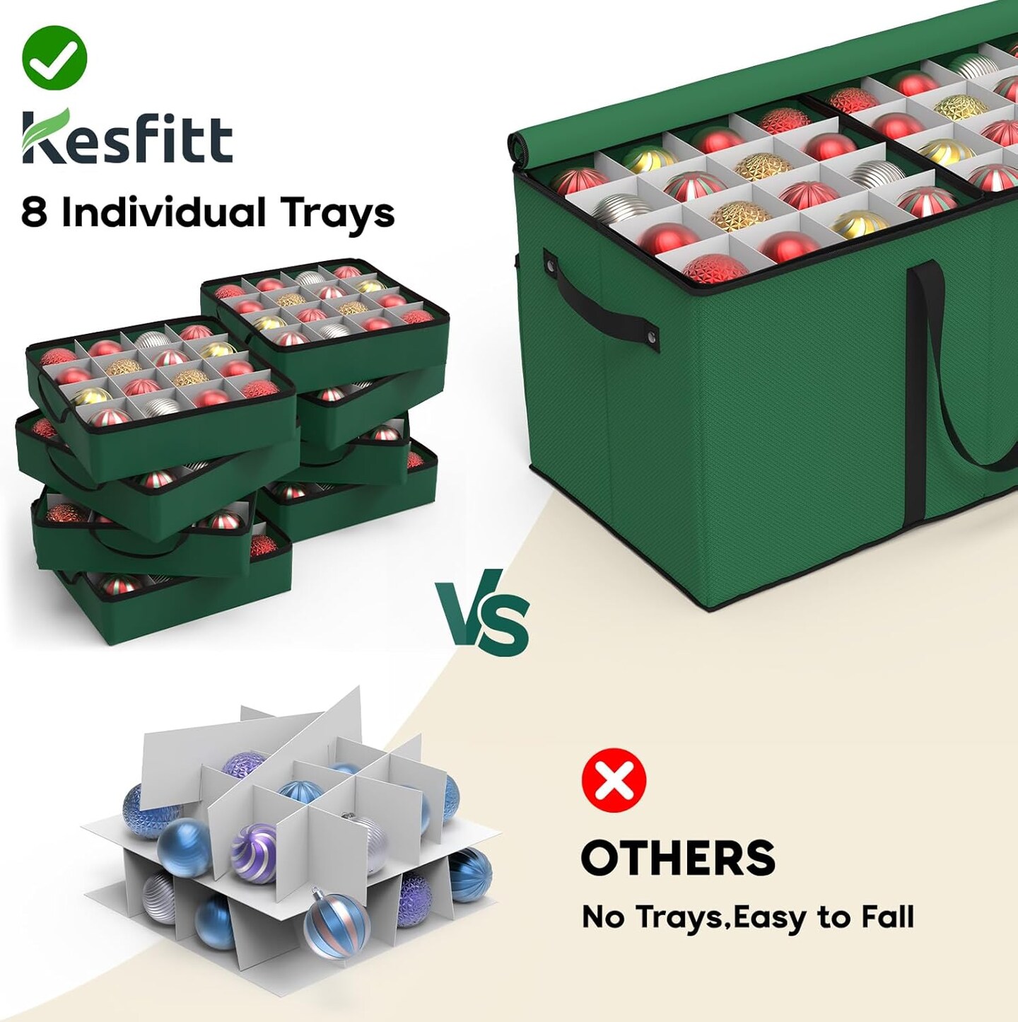 Christmas Ornament Storage Box with 8 Trays,Christmas Storage Container with Dividers Fits 128 Holiday Ornaments Decorations,Double Zipper,Large Xmas Organizer with Pockets