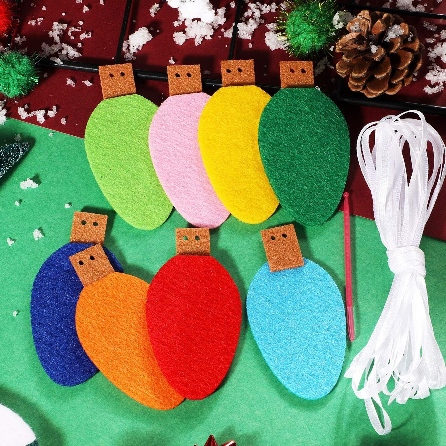 4 Pcs Felt Christmas Garland Felt Ball Christmas Light Bulb Garland Decor Xmas Rainbow Bulbs Garland for Home Christmas Tree Wall Party Decorations (Bright Color)