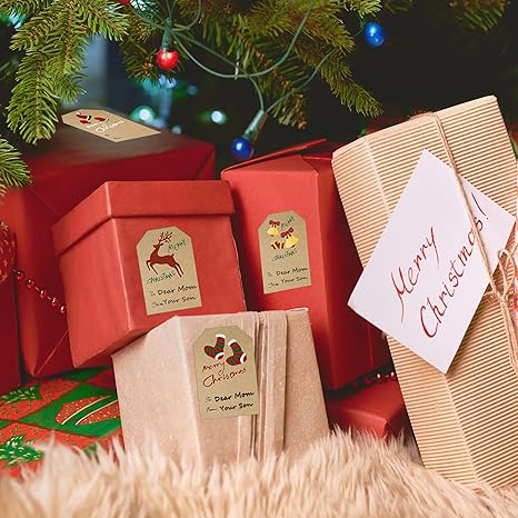250PCS Kraft Christmas Stickers Labels Self Adhesive Christmas Gift Tags Sticker for Presents Boxes Bags Envelopes Decoration, 2 x 3 Inch