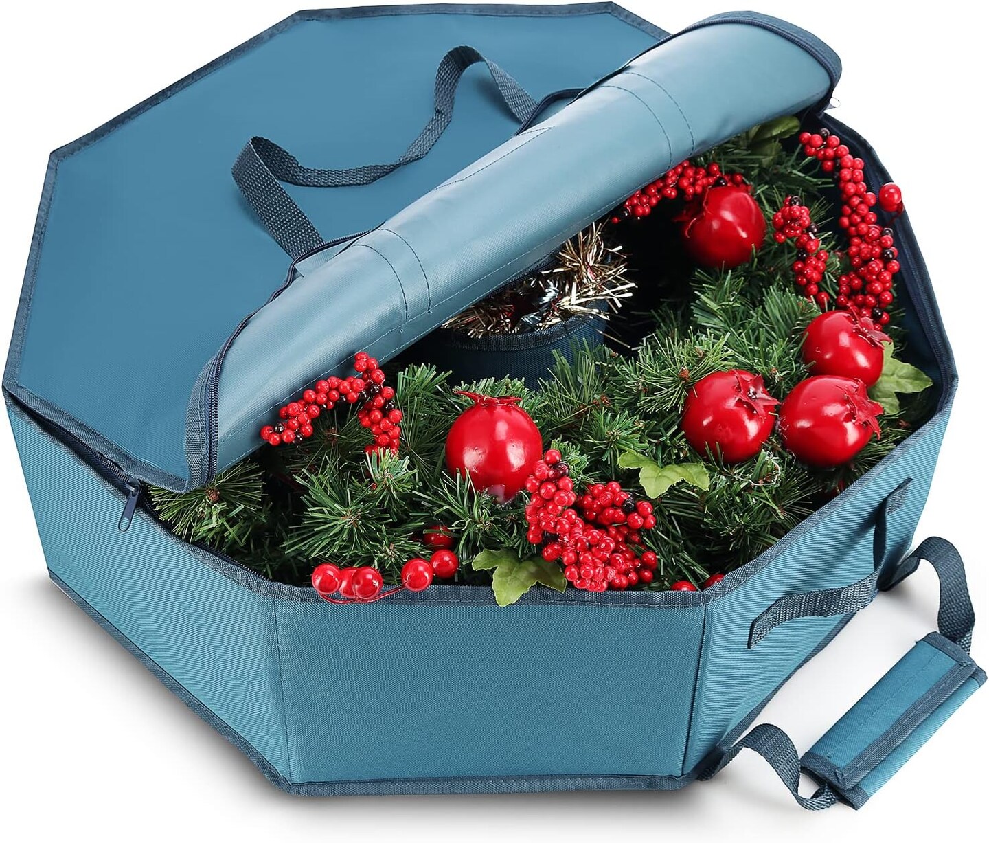Wreath Storage Container - Hard Shell Christmas Wreath Storage Bag with Interior Pockets, Dual Zipper and Handles - 24" Premium Wreath Storage Organizer Box