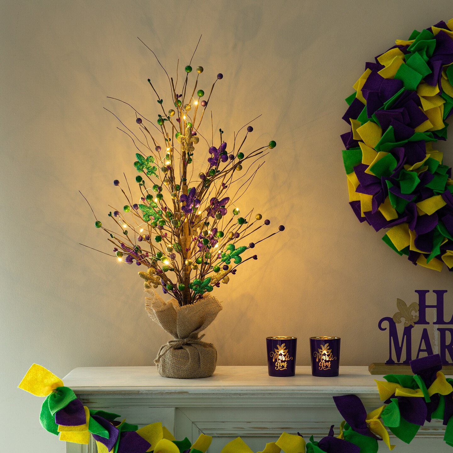 Set of 2 21"H Lighted Mardi Gras Fleur-de-Lis & Berry Table Tree