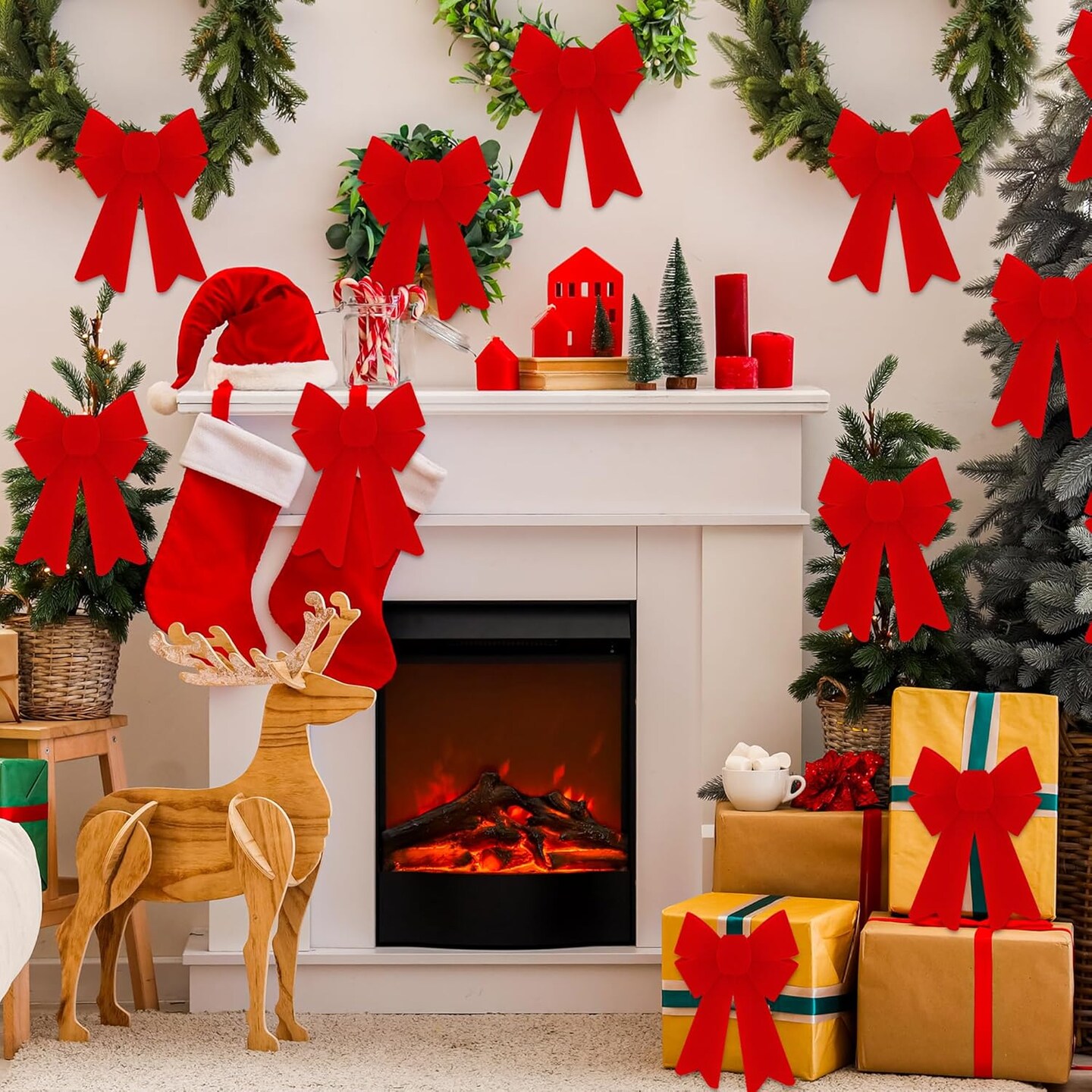 12 PCS Christmas Bows, PVC Christmas Tree Bows 5 x 8 Inches, Red Velvet Bows for Hanging Red Christmas Bows Outdoor Indoor Large Christmas Bows Xmas Decor Party Supplies Wreath Railing Fences