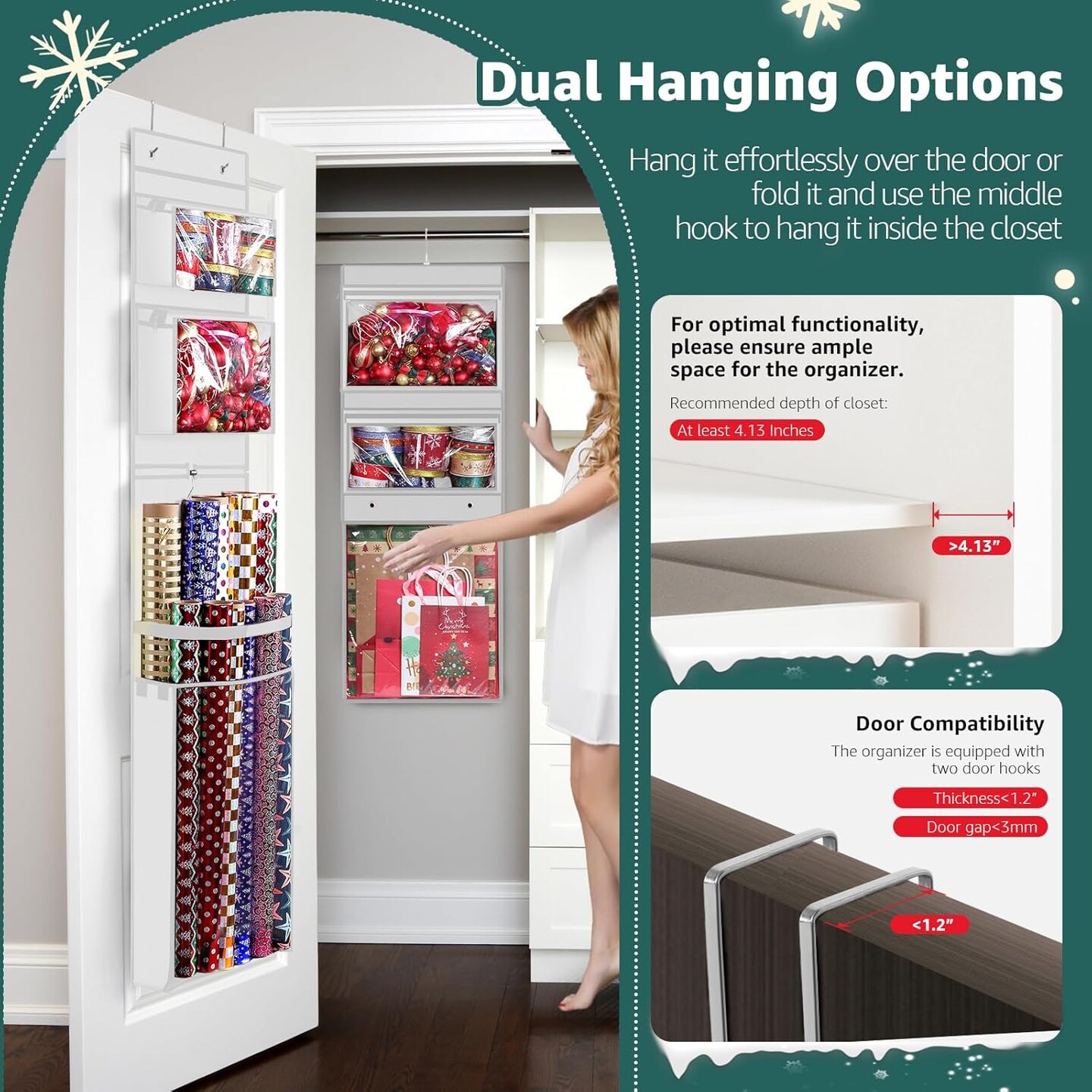 Wrapping Paper Organizer Storage, Double-Sided Hanging Gift Wrap Roll Holder for Christmas, 63&#x22;x13&#x22; Over Door Present Bag Container for Room Closet, White Wrapper Station for Birthday
