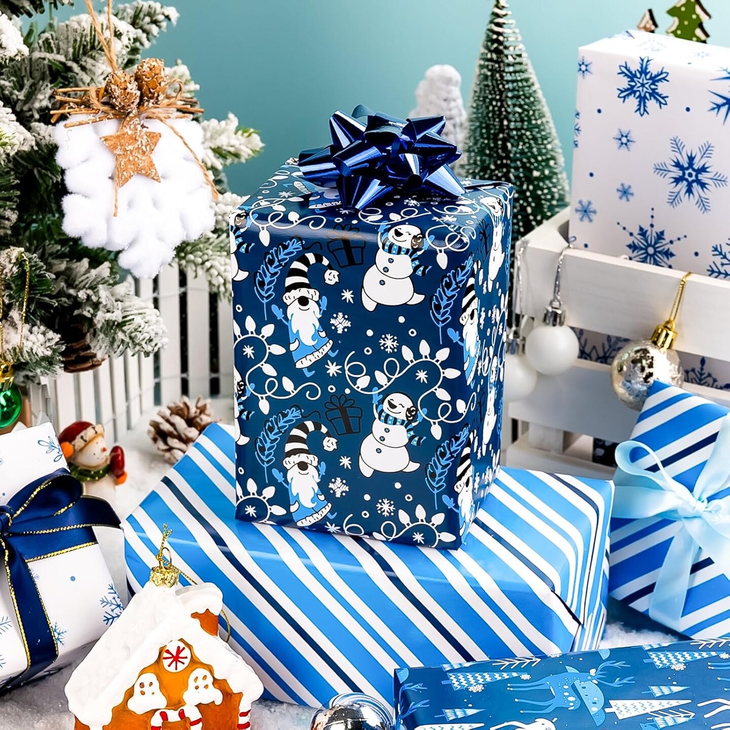 Jumbo Christmas Wrapping Paper Bundle with Gridlines-30 In X120 In-4 Roll-Snowmen &#x26; Santa Claus &#x26; Snowflakes &#x26; Reindeer &#x26; White Stripes &#x26; Tree for New Year,Birthday,Holiday