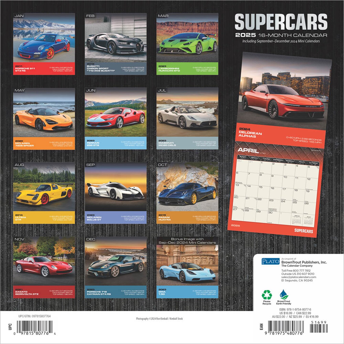 Supercars | 2025 12 x 24 Inch Monthly Square Wall Calendar | Foil Stamped Cover | Plato | Automobiles Luxury Prestige Hypercars