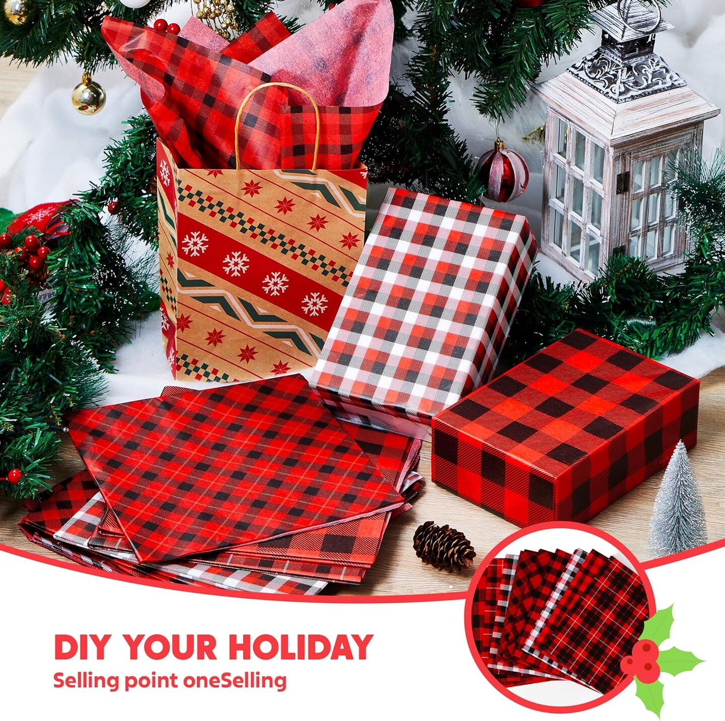 150 Sheets Christmas Red Black Buffalo Plaid Tissue Paper Assorted Design, Present Wrap Paper, Accessory for Gift Boxes, Gift Wrapping Bags and Wine Bottles Decoration