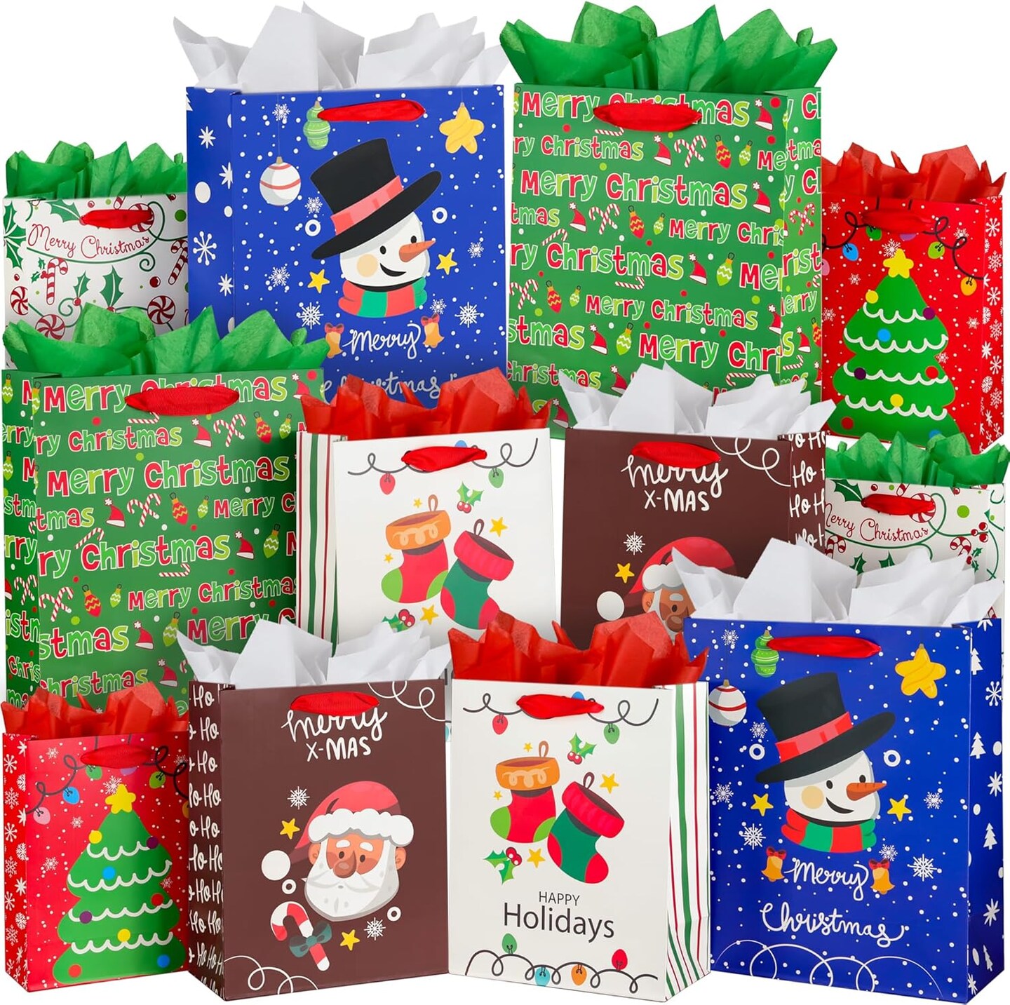 12 Pack Christmas Paper Gift Bags Assorted Sizes with Tissue Paper, Christmas Treat Gift Bags Bulk with Handles, Christmas Goodie Bags for Kids Gifts, Xmas Gift Bags Party Favors