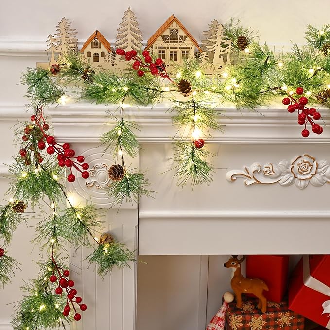 Smokey Cedar Pine Garland, Lighted Christmas Garland for Mantle, Pine Garland with Red Berry, Christmas Decoration for Winter Stairs Railing Table Decor