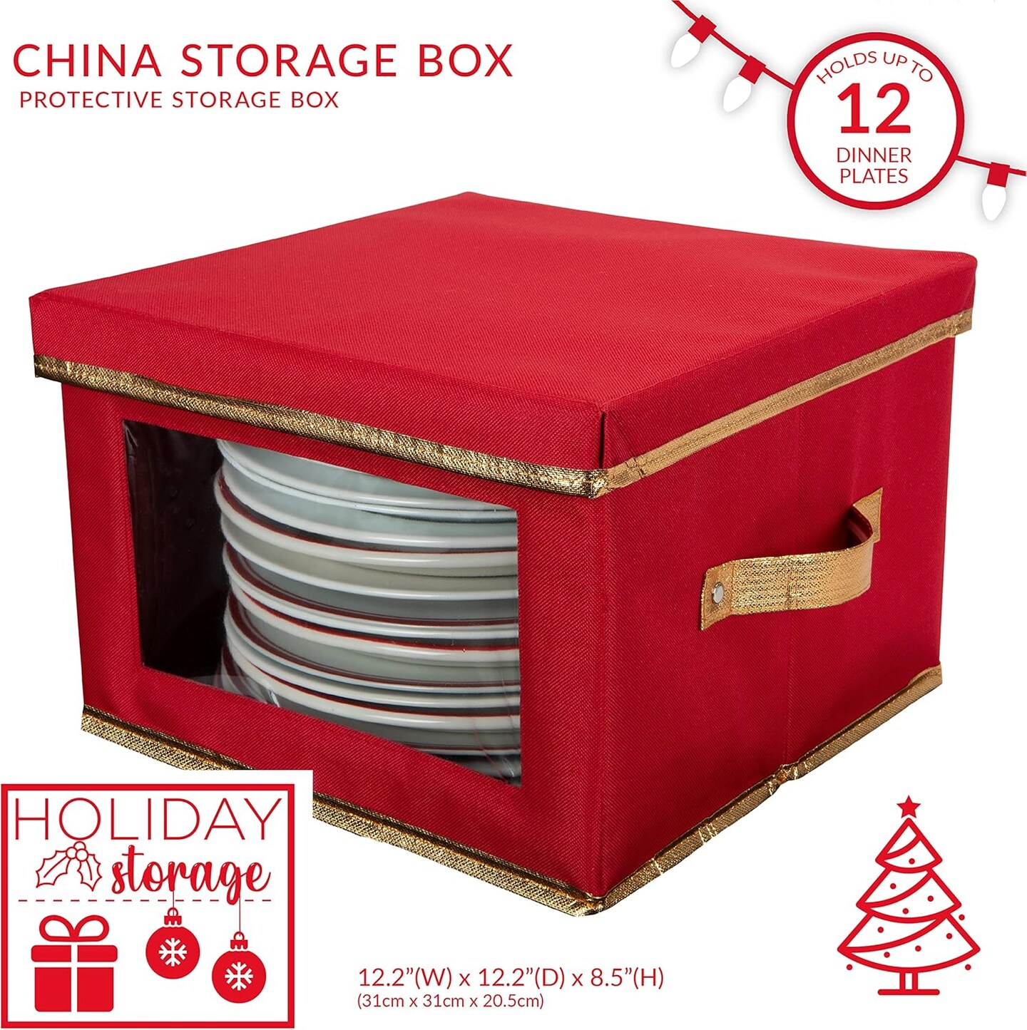Holiday Dinner Plate Dinnerware Storage Box | 12.2 Inch | Christmas China | 12 Felt Dividers | Tableware Setting | Red