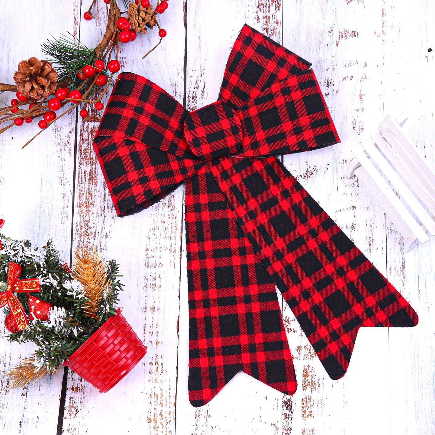 6 Pieces Red Buffalo Plaid Christmas Bows Holiday Christmas Wreaths Bows Xmas Red Velvet Christmas Bows for Christmas Party Decoration