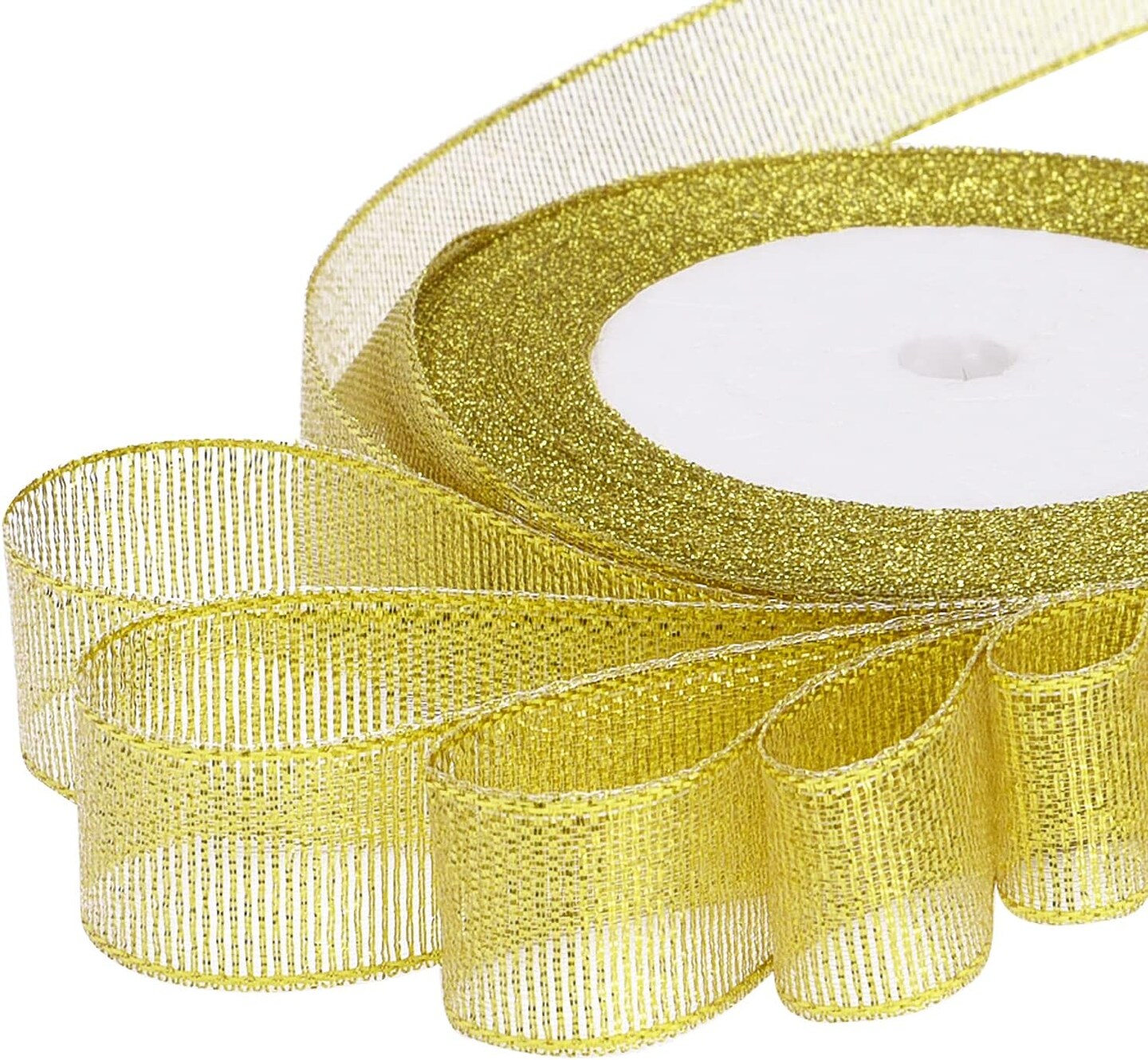 4 Rolls 4/5 Inch in Width Christmas Metallic Glitter Organza Ribbons Golden, Silvery, Red, Green Ribbon for Gift Wrapping, Christmas Tree Room Decoration