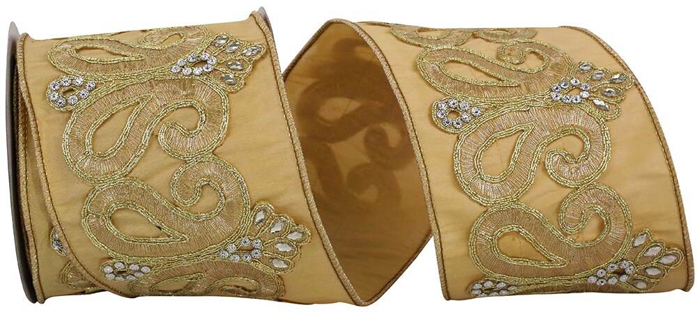 Christmas Ribbon -- Dupioni Regal Trim Jewel Scroll Embroidery Wired Edge -- 5 yards x 4 inch