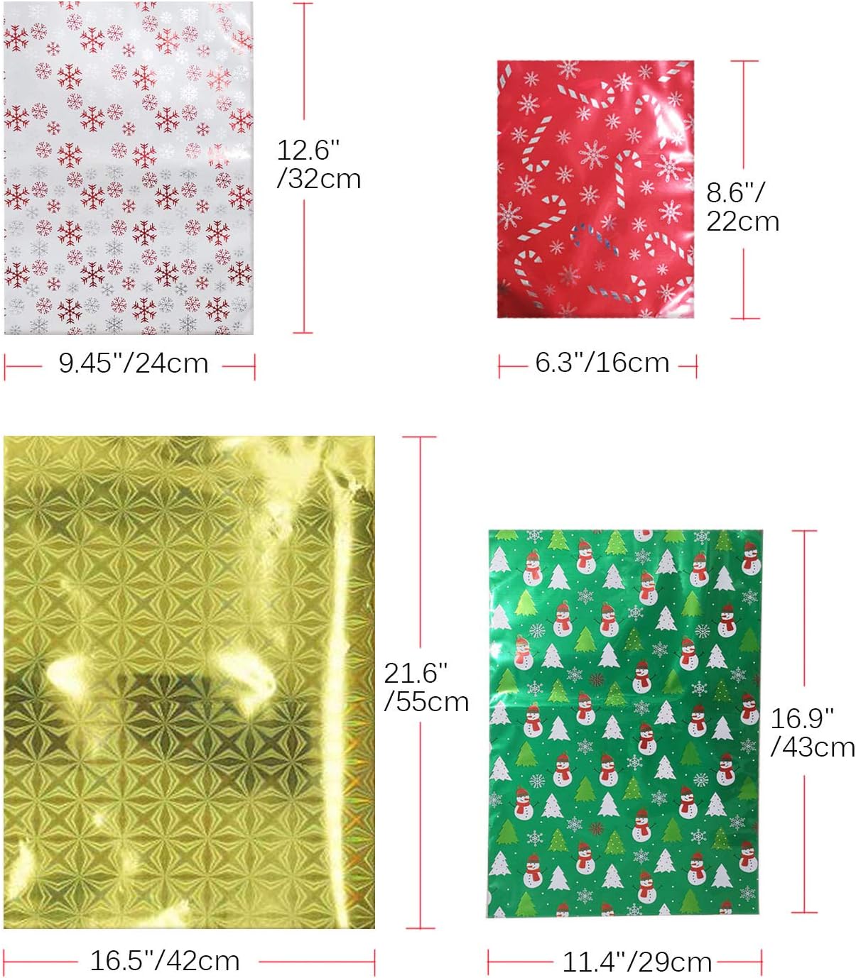 Christmas Gift Bags, 40Pcs Santa Wrapping Gift Bag in 4 Sizes and 4 Designs, with Ribbon Ties and Tags