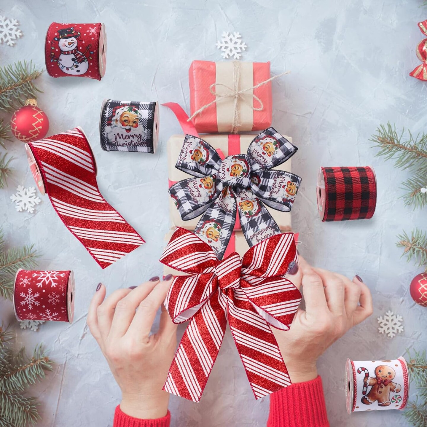 Christmas Ribbon Wired 2.5 Inch,6 Roll 30 Yards Christmas Ribbon with Wire-Snowflake/Snowman/Gingerbread Man/Santa/Glitter Stripe/Buffalo Plaid Christmas Ribbon for Wreaths Bow Tree DIY Crafts