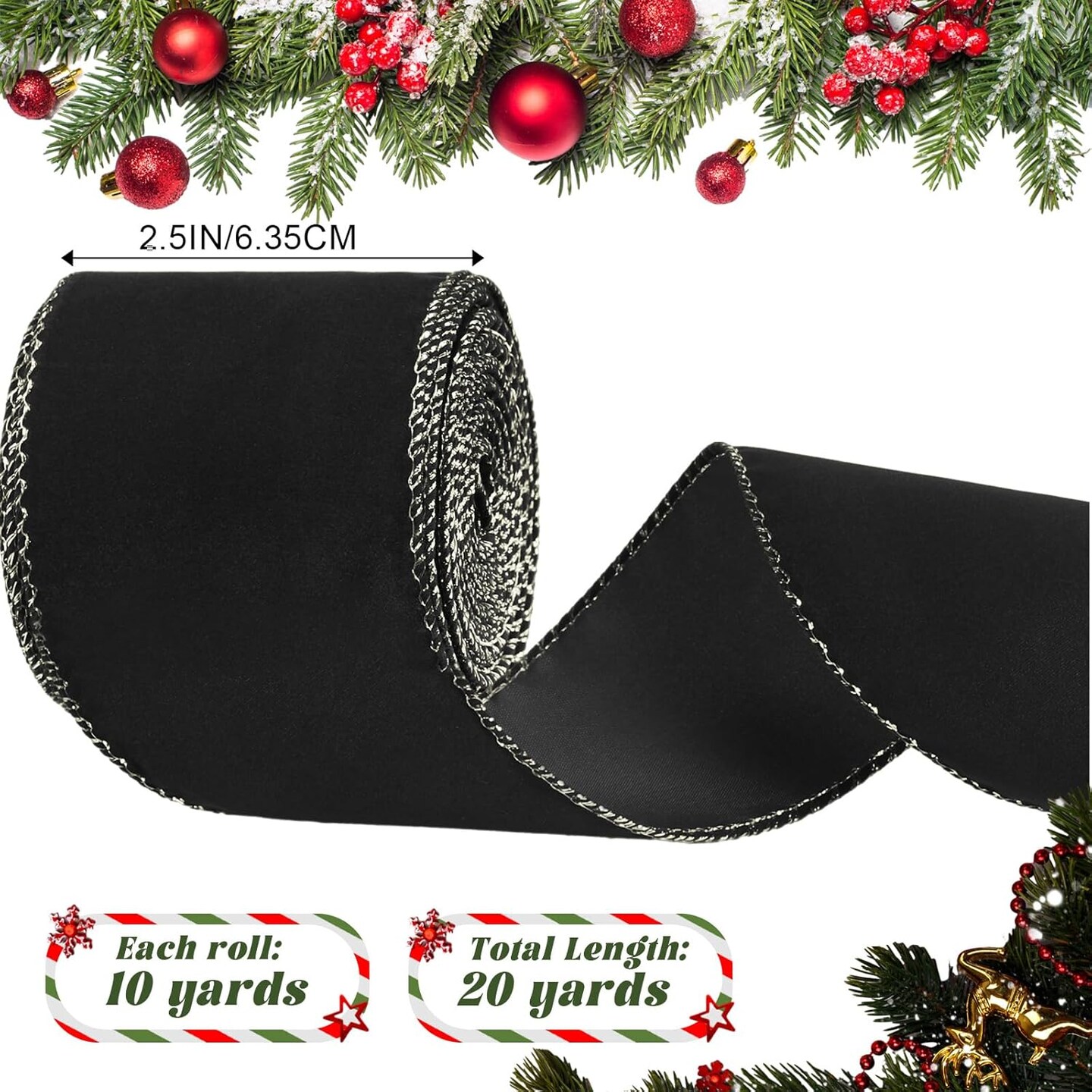 2 Rolls Christmas Velvet Ribbon 2.5 Inch 20 Yards Xmas Velvet Wired Ribbon with Gold Edge for Christmas Tree Decorations Wreath Bow Making (Black)