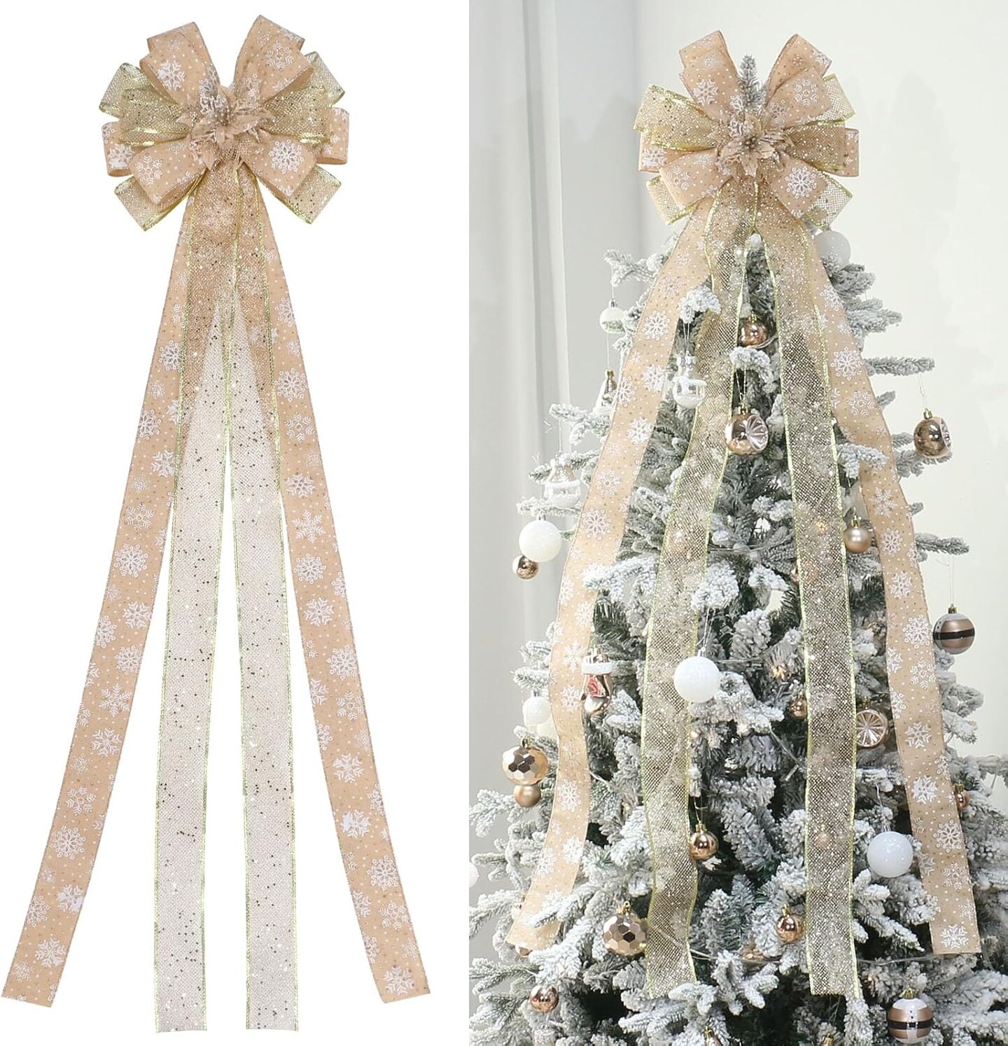 Christmas Tree Topper, Bow Large Christmas Bow Tree Topper, for Xmas Ornament Holiday Home Wedding Thanksgiving Indoor/Outdoor Decoration (Gold)