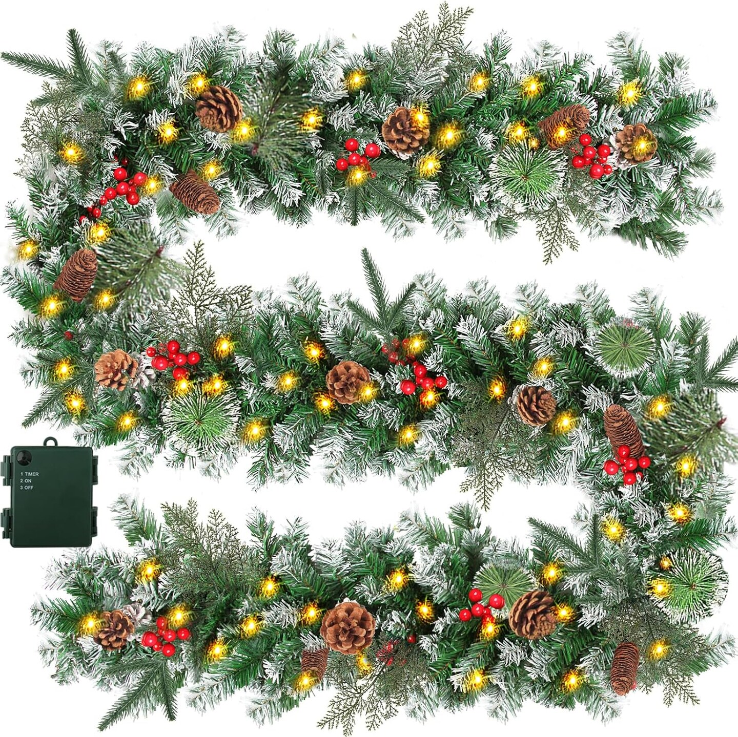 9 FT Christmas Garland with Lights, Pre-lit Xmas Garland Battery Operated Lighted with Timers Pine Cone Berrirs Lush Branches,Christmas Garlands Decoration for Mantle Stair Fireplace Indoor Outdoor