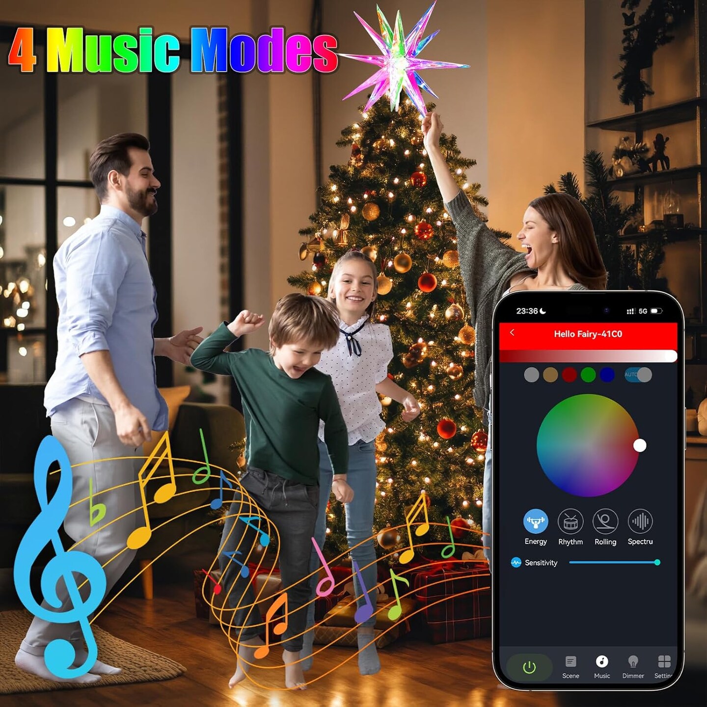 Christmas Star Tree Topper, 15.8&#x22; Smart Star Tree Top of Crystal-Like 3D Polygonal Shell, Light Tree top w/Remote Control/App, Music Sync RGB Color Changing Control LED Christmas Light, 36 Lights