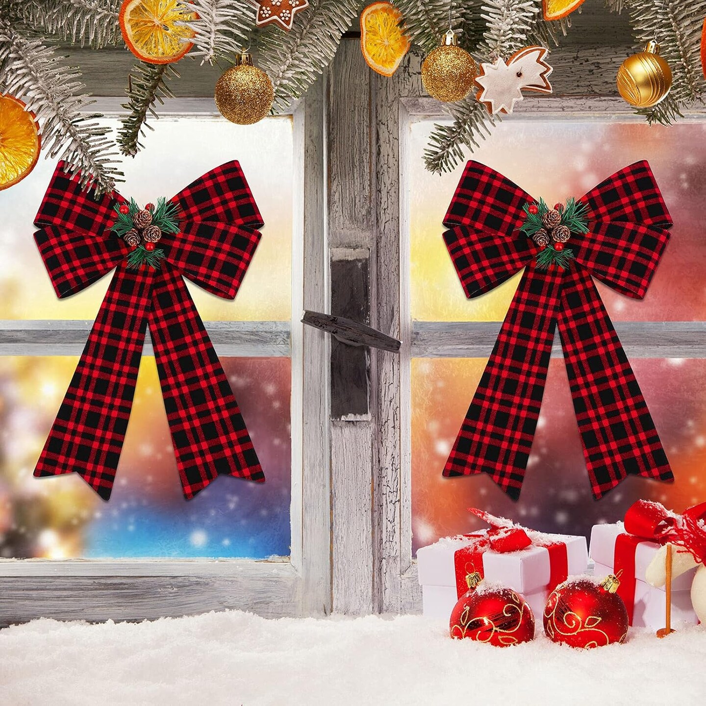 2 Pieces Christmas Red Bows Christmas Wreath Bows Xmas Buffalo Plaid Bows with Pine Cones Ornaments for Christmas Tree Indoor Outdoor Decorations (Black, Red, Green)