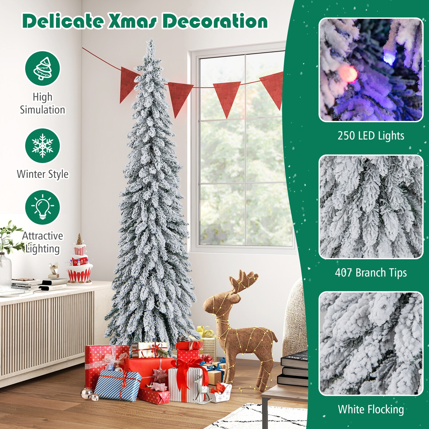 Pre-lit Artificial Christmas Tree Snow-Flocked Slim Pencil X-mas Decor