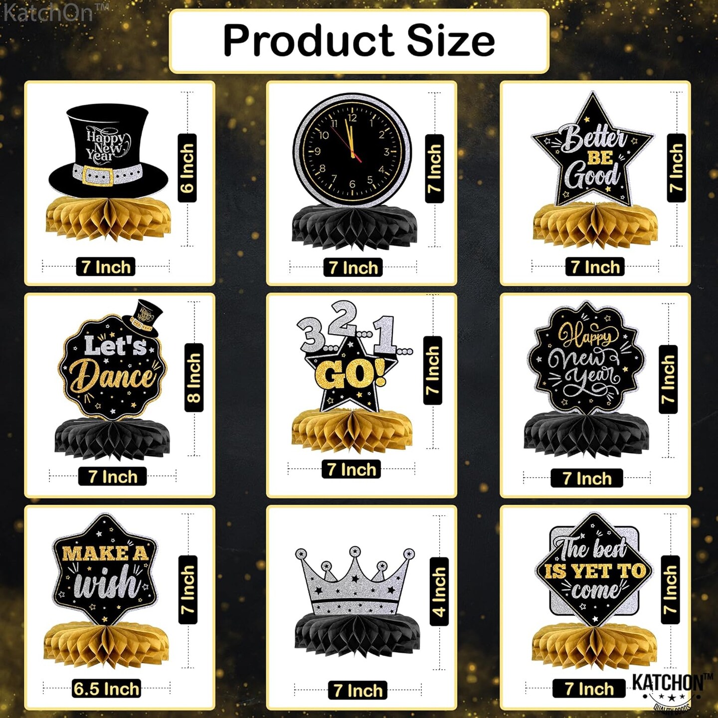 New Year Centerpieces for Tables - Pack of 9 | New Year Eve Party Supplies 2025 | NYE Centerpieces for Black and Gold New Years
