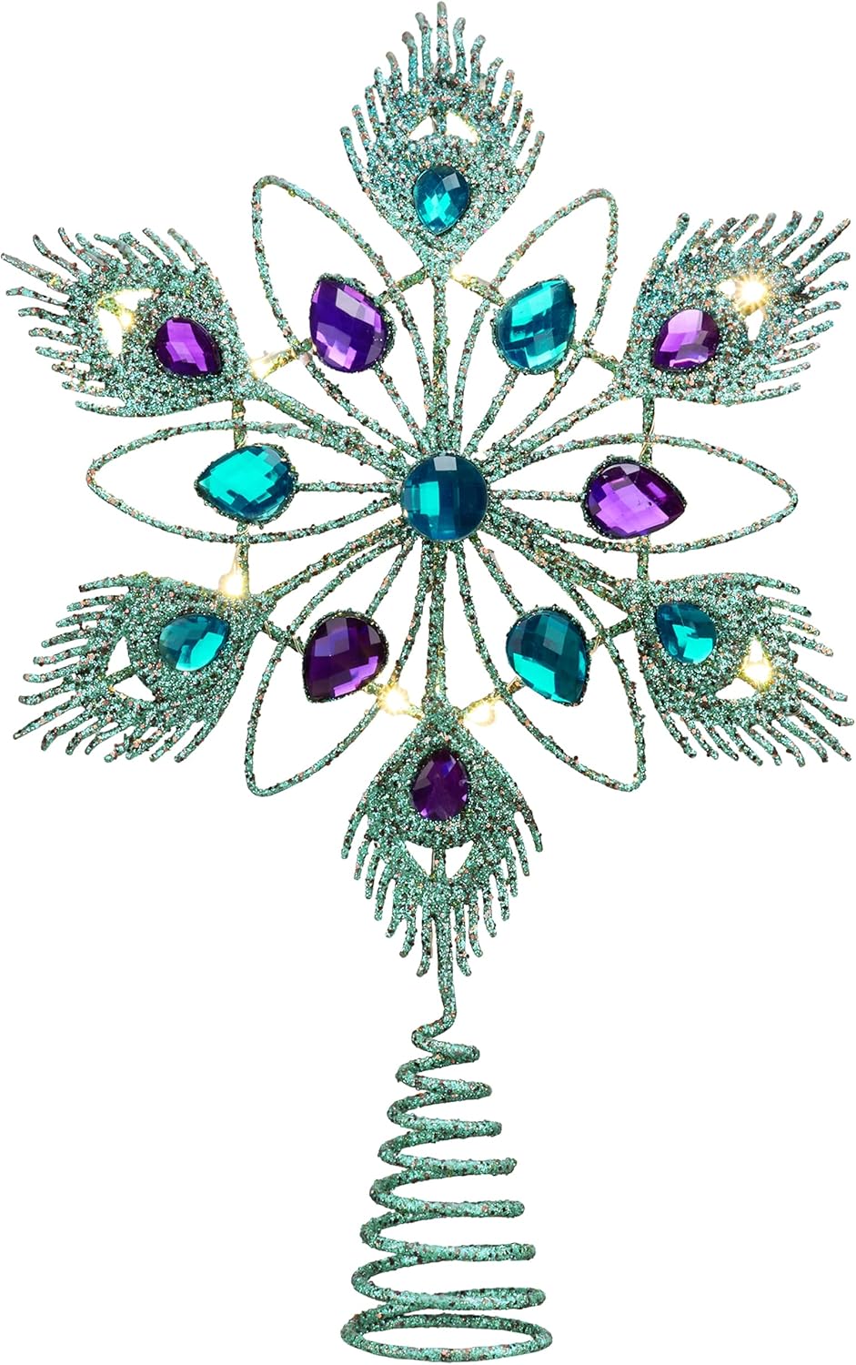Lighted Christmas Tree Topper Star with Timer for Tree Decorations, 13 Inch Blue and Silver Metal Star Tree Topper Snowflake Peacock Feather Jewel with Lights for Home Party Gift Indoor