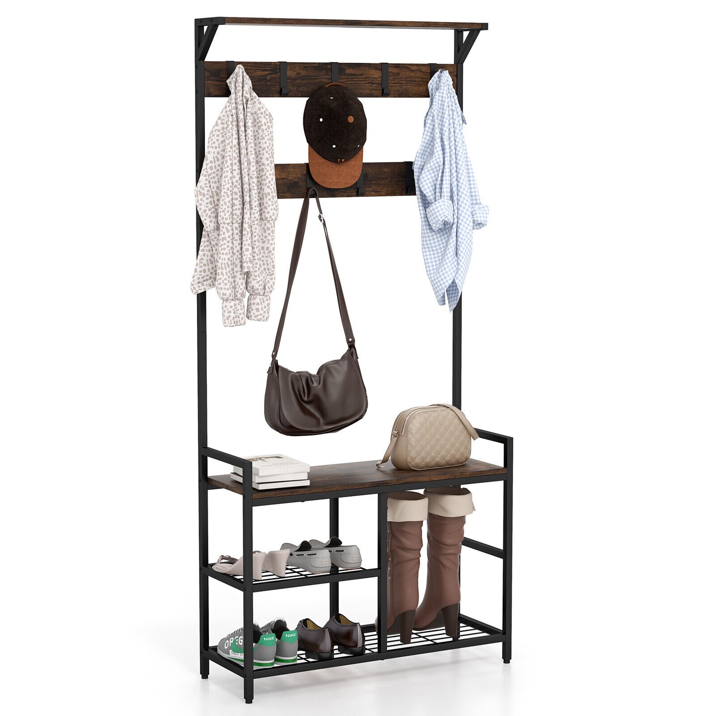 71" Freestanding Hall Tree with Shoe Bench and 9 Removable Hooks-Rustic Brown