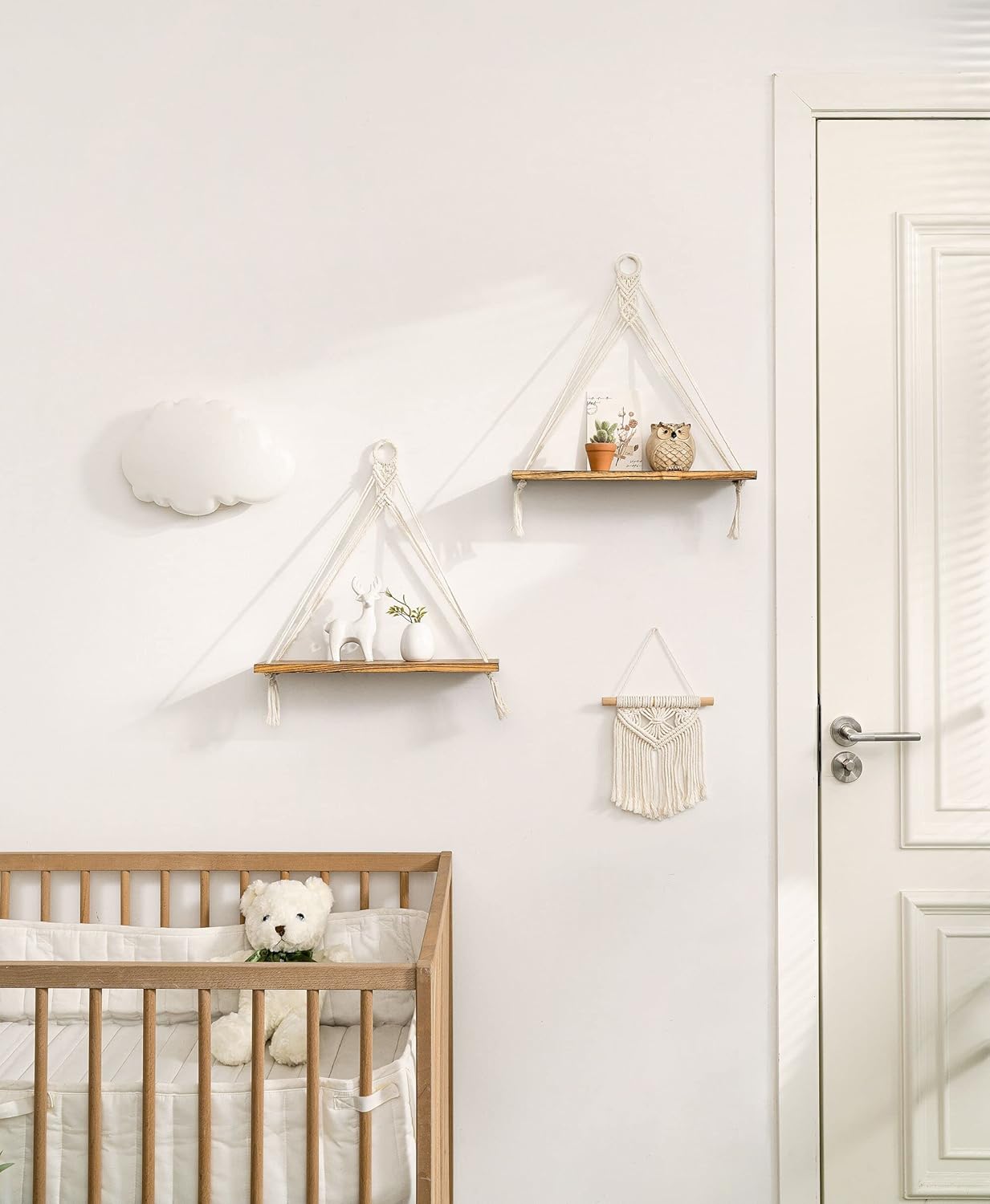 Macrame Hanging Shelves Boho Wall Decor Set of 2 Rustic Wood Floating Storage Shelf for Bedroom Bathroom Living Room Nursery Dorm Room, Display Shelving for Hanging Plants Photos