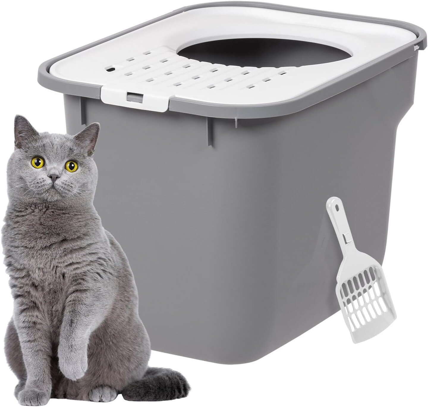 IRIS USA Square Top Entry Cat Litter Box with Scoop, Gray/White