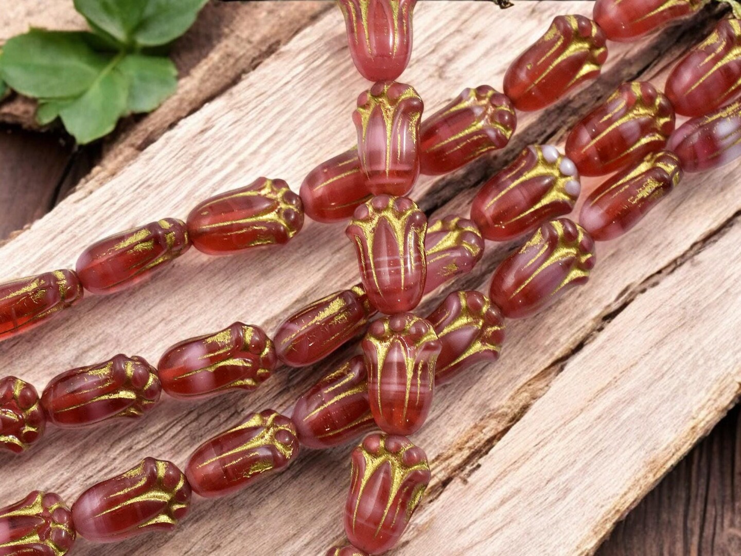 *12* 12x8mm Bronze Washed Blended Cranberry Tulip Beads