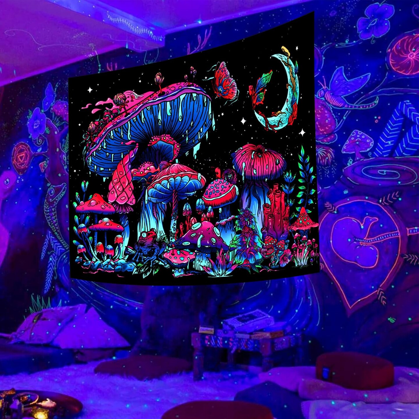 Blacklight Mushroom Tapestry, Glow In The Dark Tapestry Black Light Plant Tapestry Fantasy UV Reactive Mushroom Butterfly Moon Tapestries Posters Wall Hanging for Bedroom Dorm Decor(50&#x22;x60&#x22;)