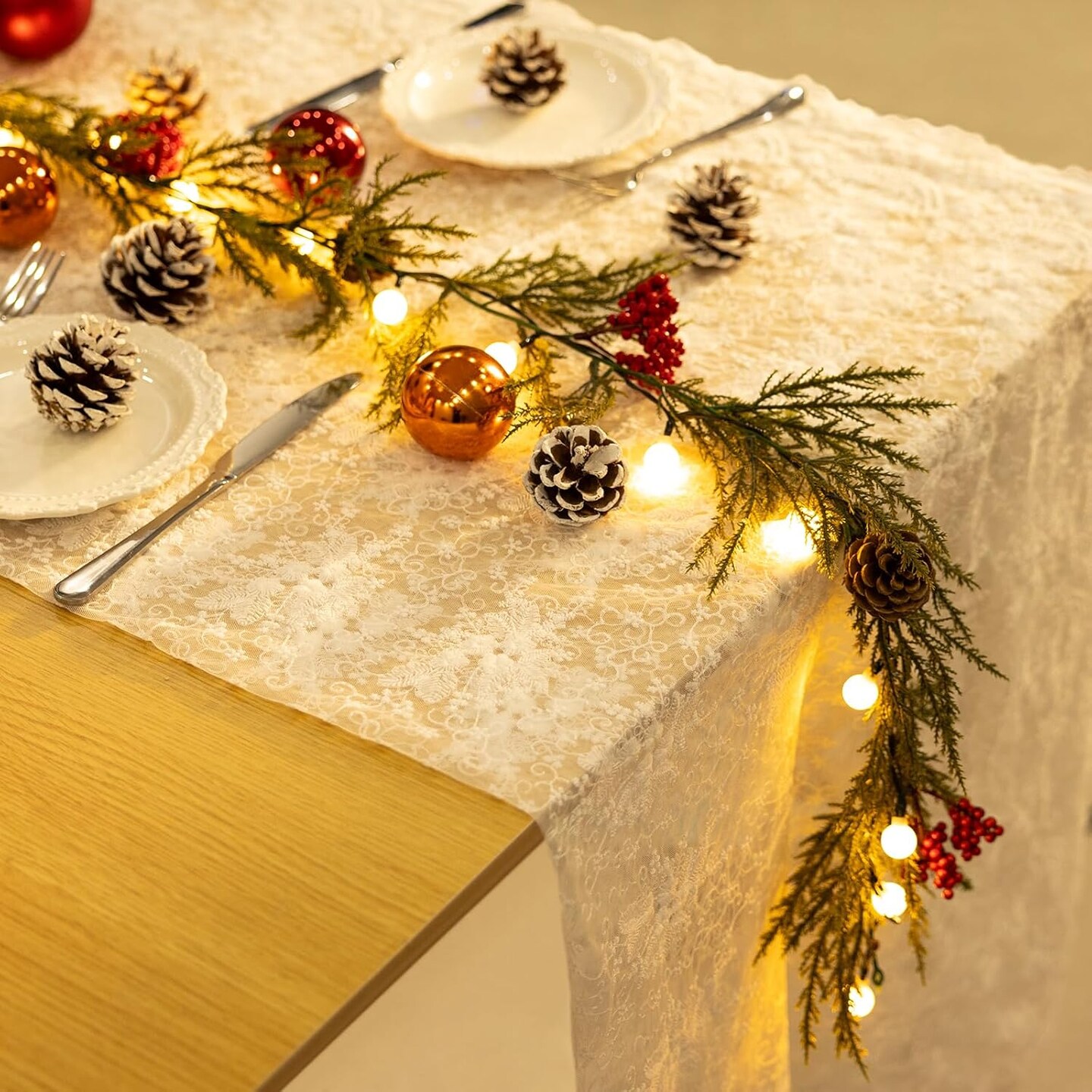 Christmas Garland with Lights, 6FT Artificial Red Berry Xmas Garland and Pinecones, Battery Operated with 20 Globe LEDs for Mantle, Front Door, Stairs Railing, Home Holiday, Indoor, Outdoor Decor