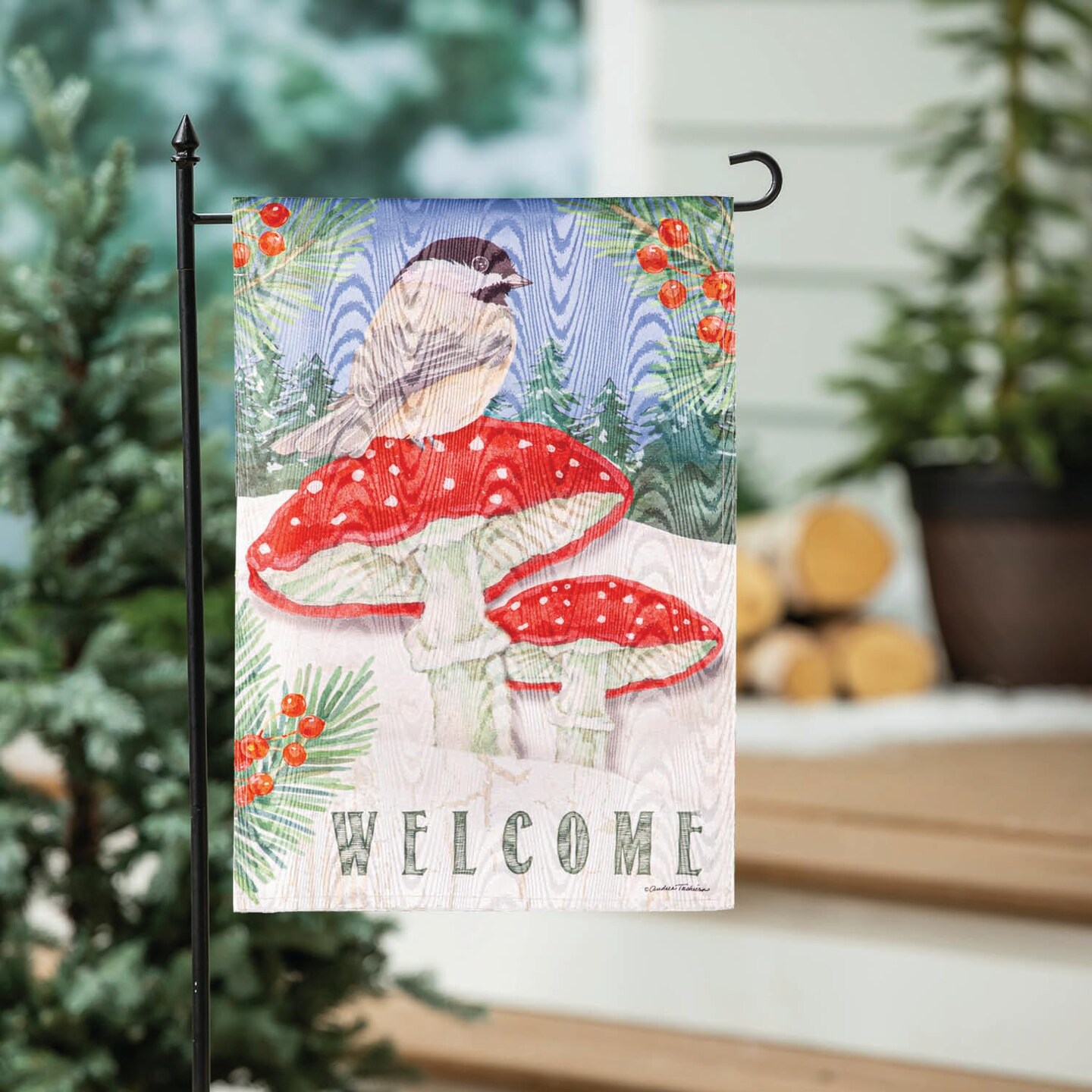 Chickadee and Winter Welcome Garden Flag 2 Sided