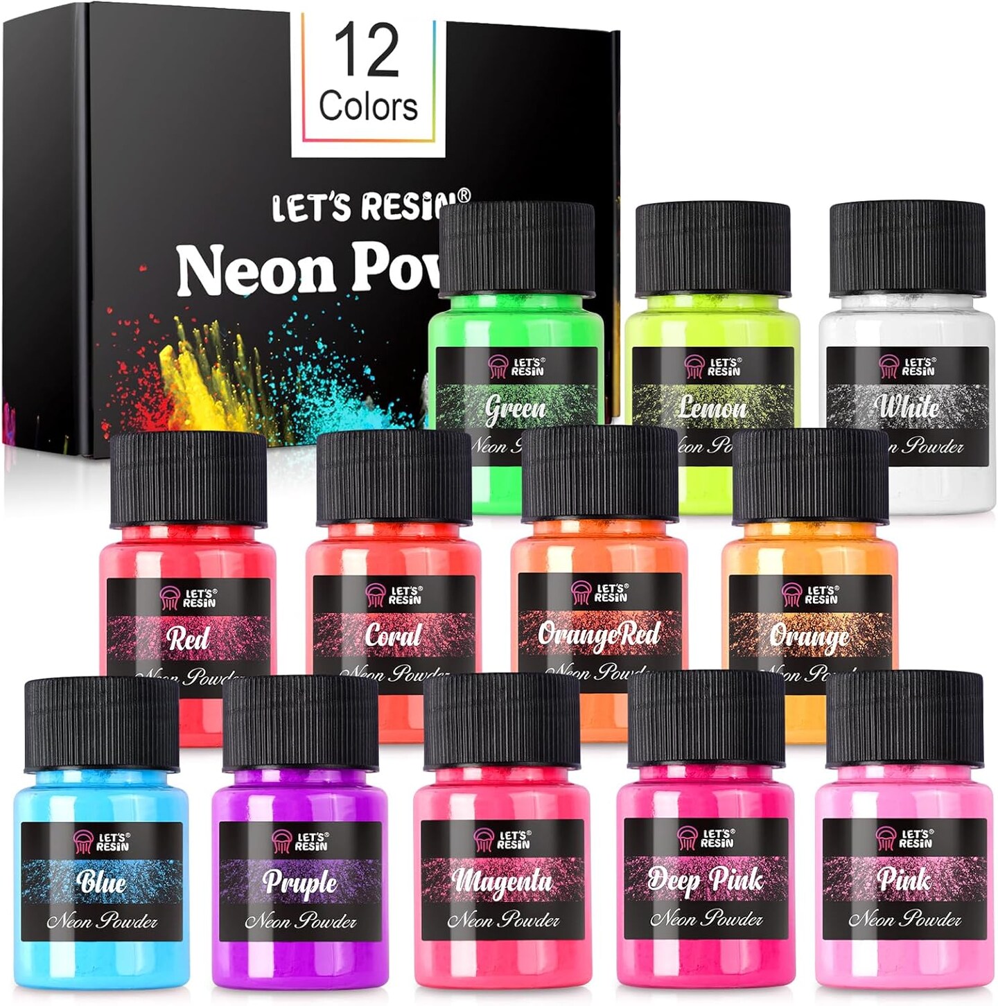 LET&#x27;S RESIN Neon Pigment Powder,12Colors Fluorescent Powder,10g/Bottle of Mica Powder for Epoxy Resin,Nail,Tumblers,Soap Making,Slime &#x26; Candle,painting, and DIY Crafts